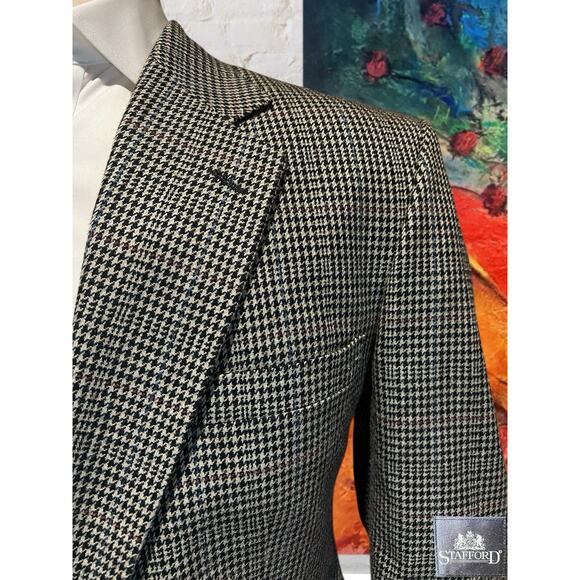Stafford Mens 46R Black Beige Burgundy Houndstooth Plaid Blazer Sport Jacket - Picture 4 of 16